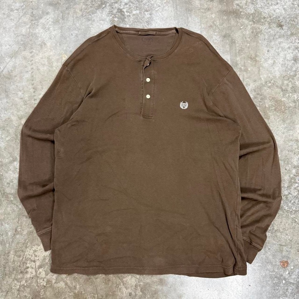 Vintage Chaps Henley Shirt Mens Large Brown Long Sleeve Y2K Cotton Essential